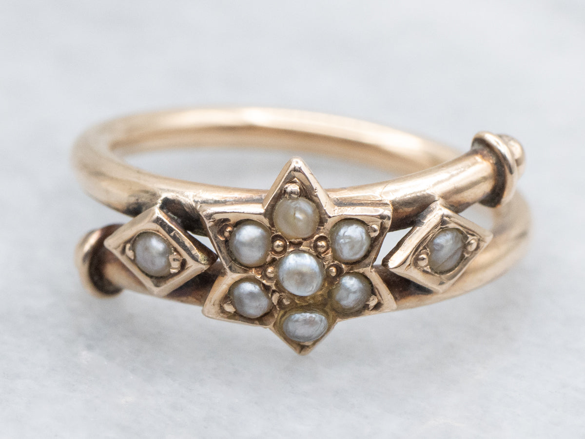 Sweet Victorian Era Seed Pearl Starburst Bypass Ring