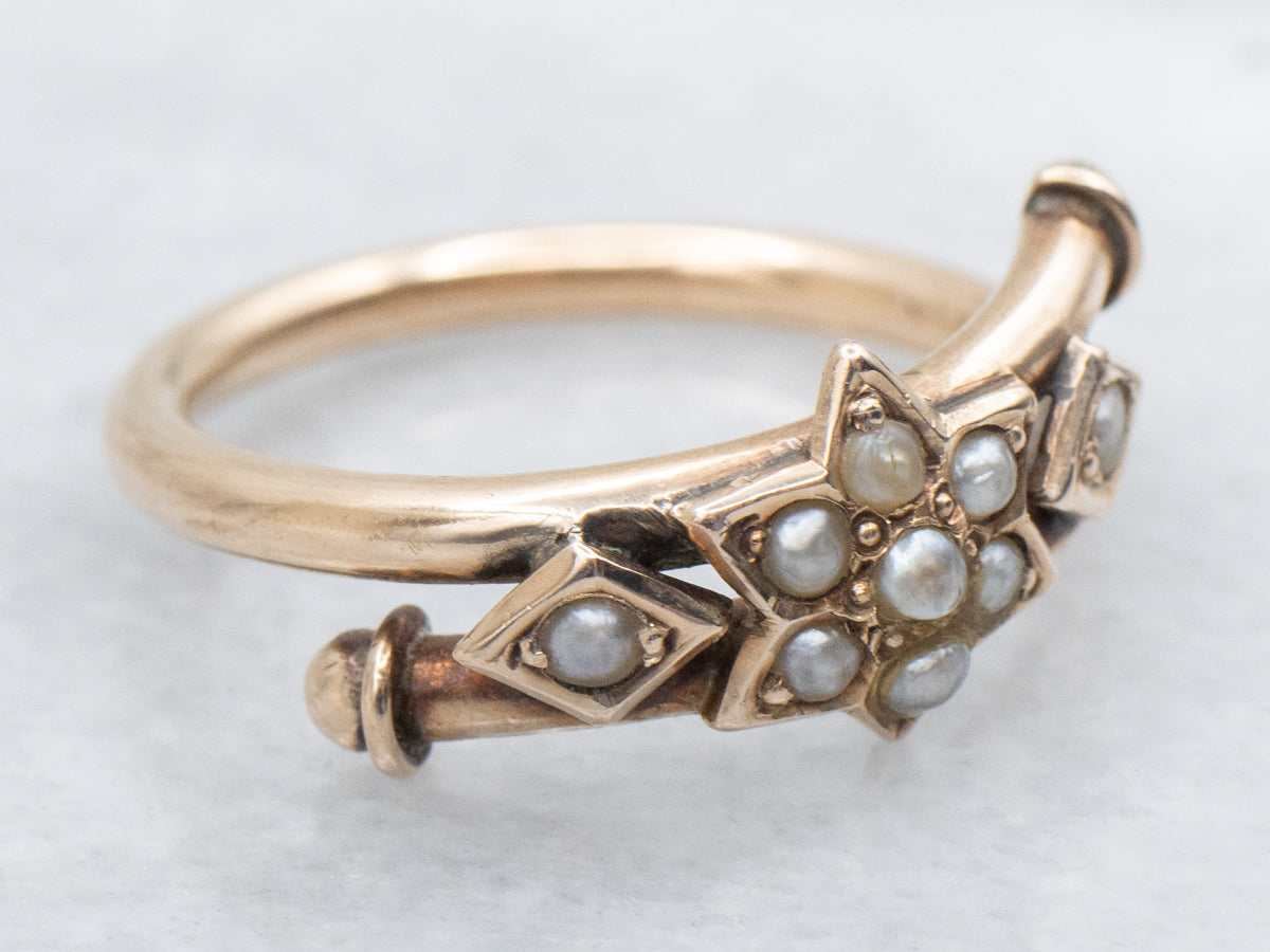 Sweet Victorian Era Seed Pearl Starburst Bypass Ring