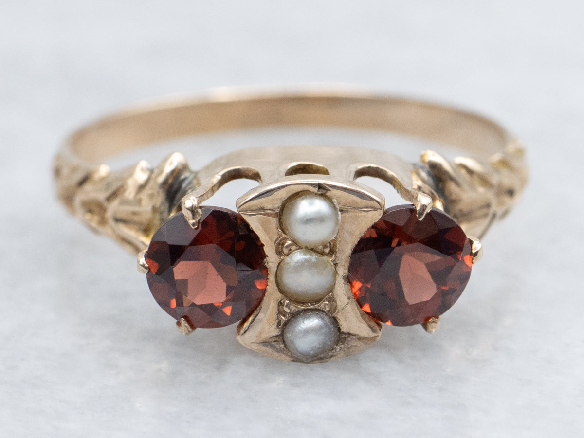 Victorian Era Garnet Seed Pearl and Gold Ring