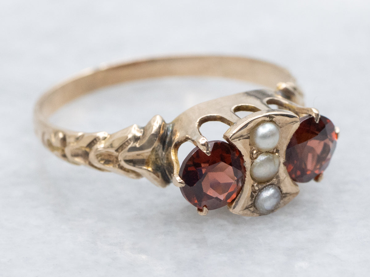 Victorian Era Garnet Seed Pearl and Gold Ring