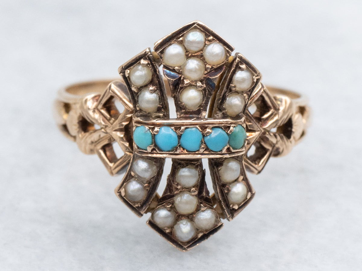 Victorian Era Turquoise and Seed Pearl Antique Gold Ring