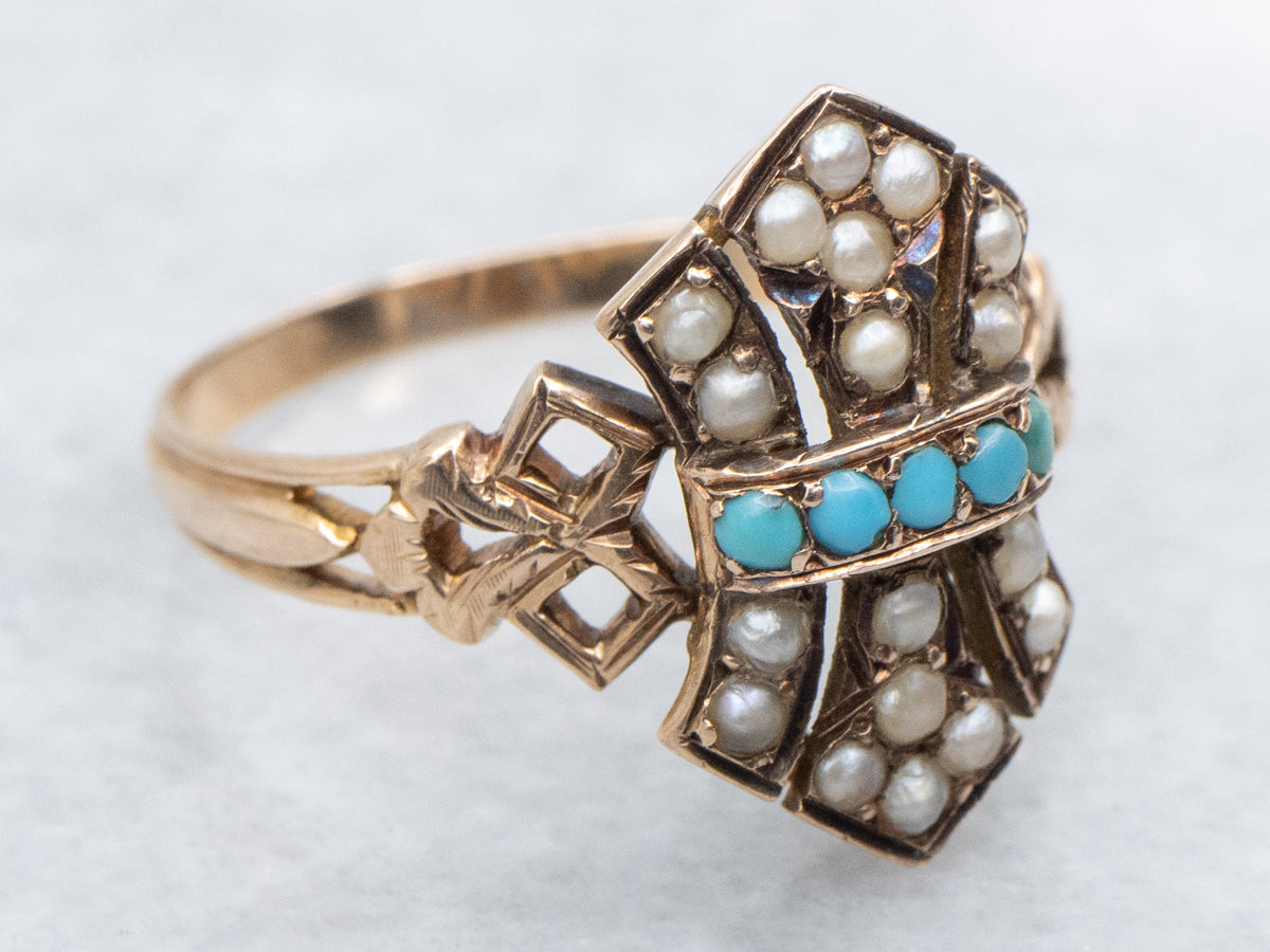 Victorian Era Turquoise and Seed Pearl Antique Gold Ring