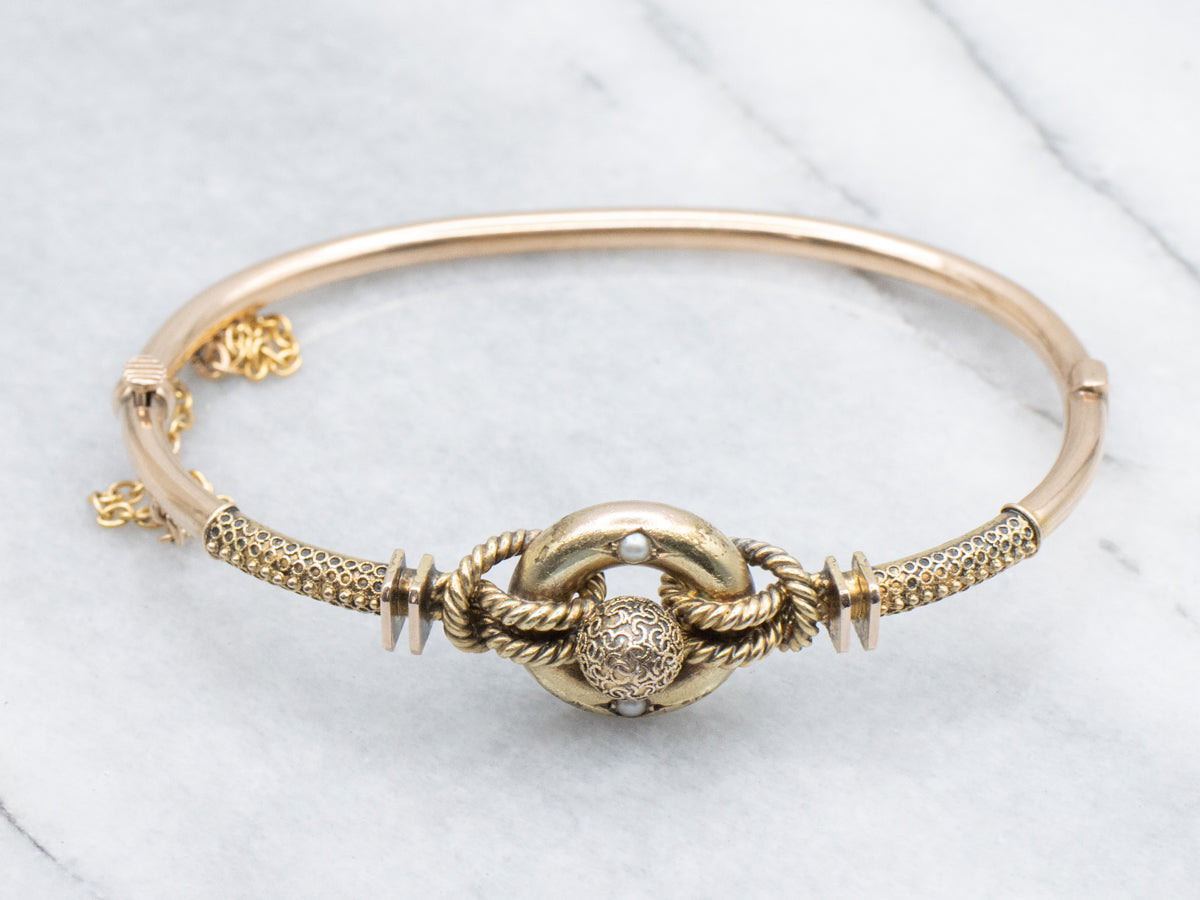 Victorian Rose Gold and Seed Pearl Etruscan Revival Hinged Bangle Bracelet
