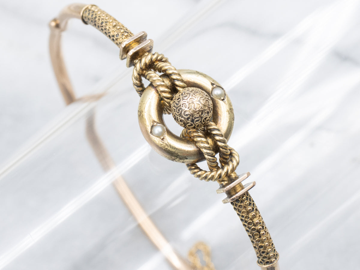 Victorian Rose Gold and Seed Pearl Etruscan Revival Hinged Bangle Bracelet