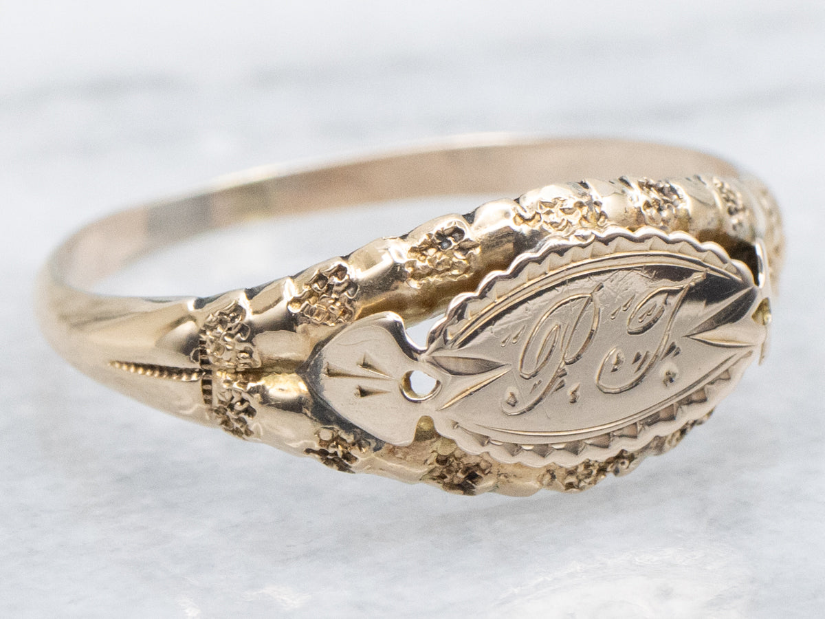 Engraved Antique Gold "PJ" Monogrammed Signet Ring