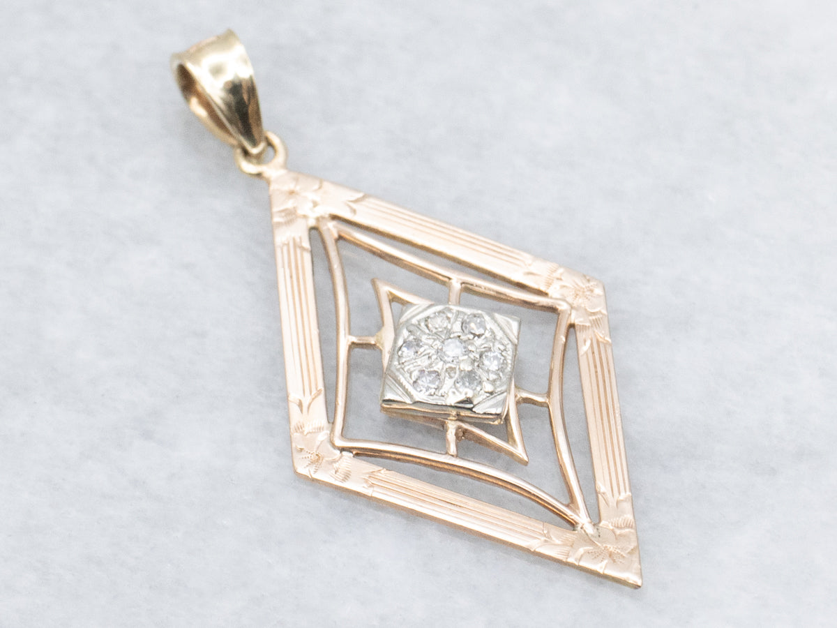 Diamond Tri-Color Gold Floral Engraved Pendant