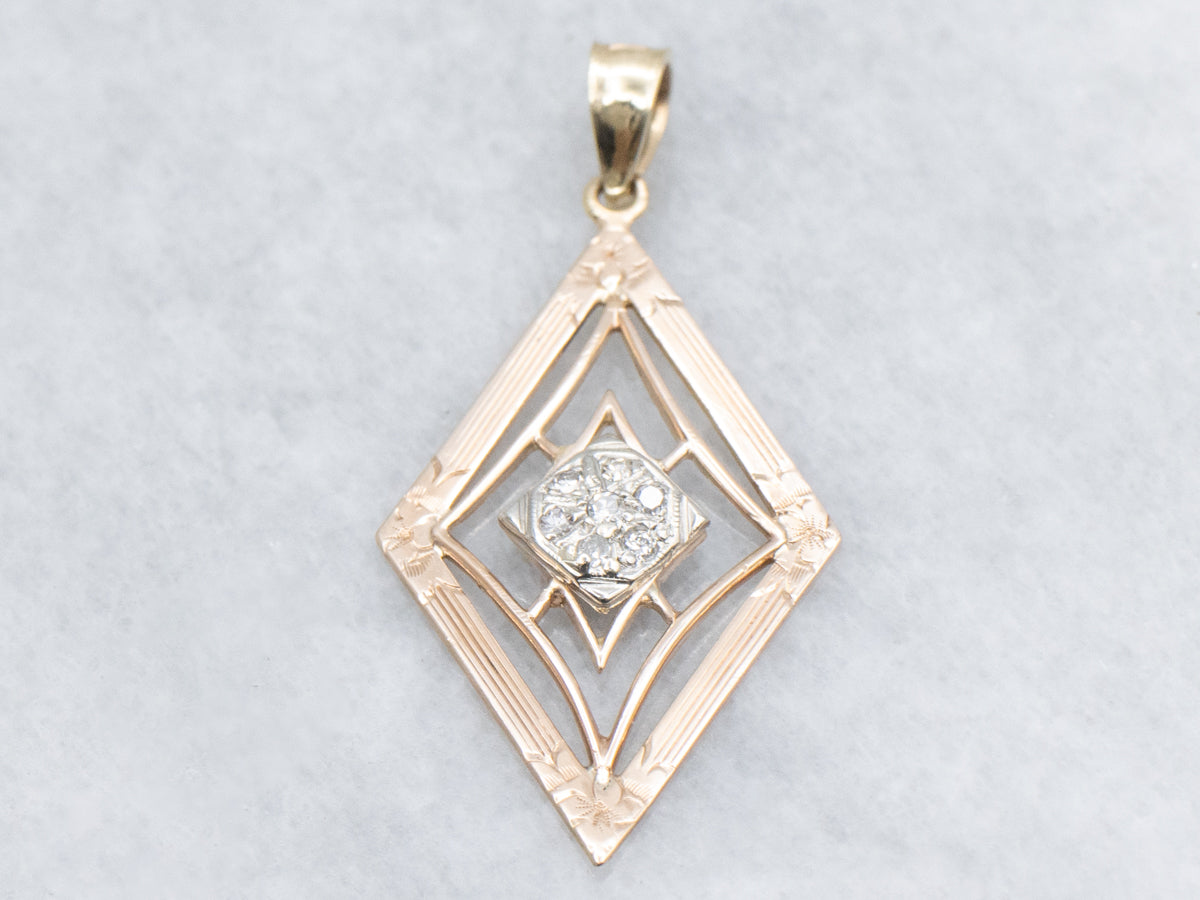 Diamond Tri-Color Gold Floral Engraved Pendant