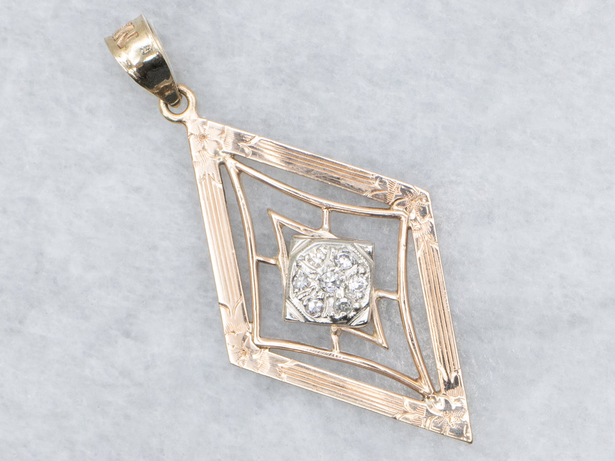 Diamond Tri-Color Gold Floral Engraved Pendant