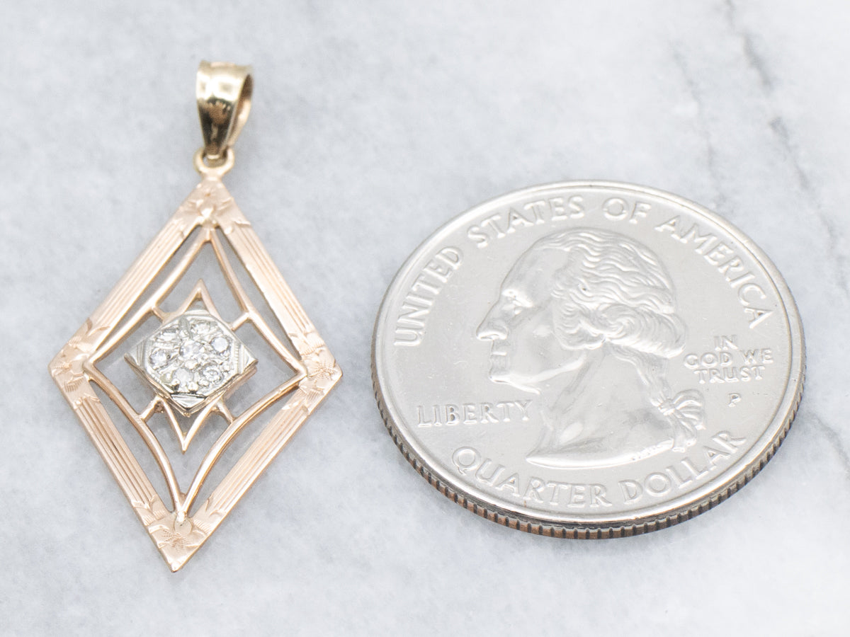 Diamond Tri-Color Gold Floral Engraved Pendant