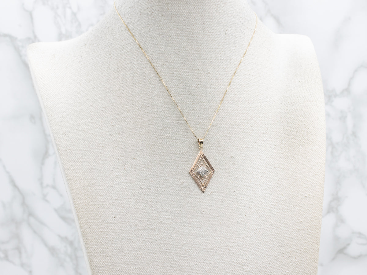 Diamond Tri-Color Gold Floral Engraved Pendant