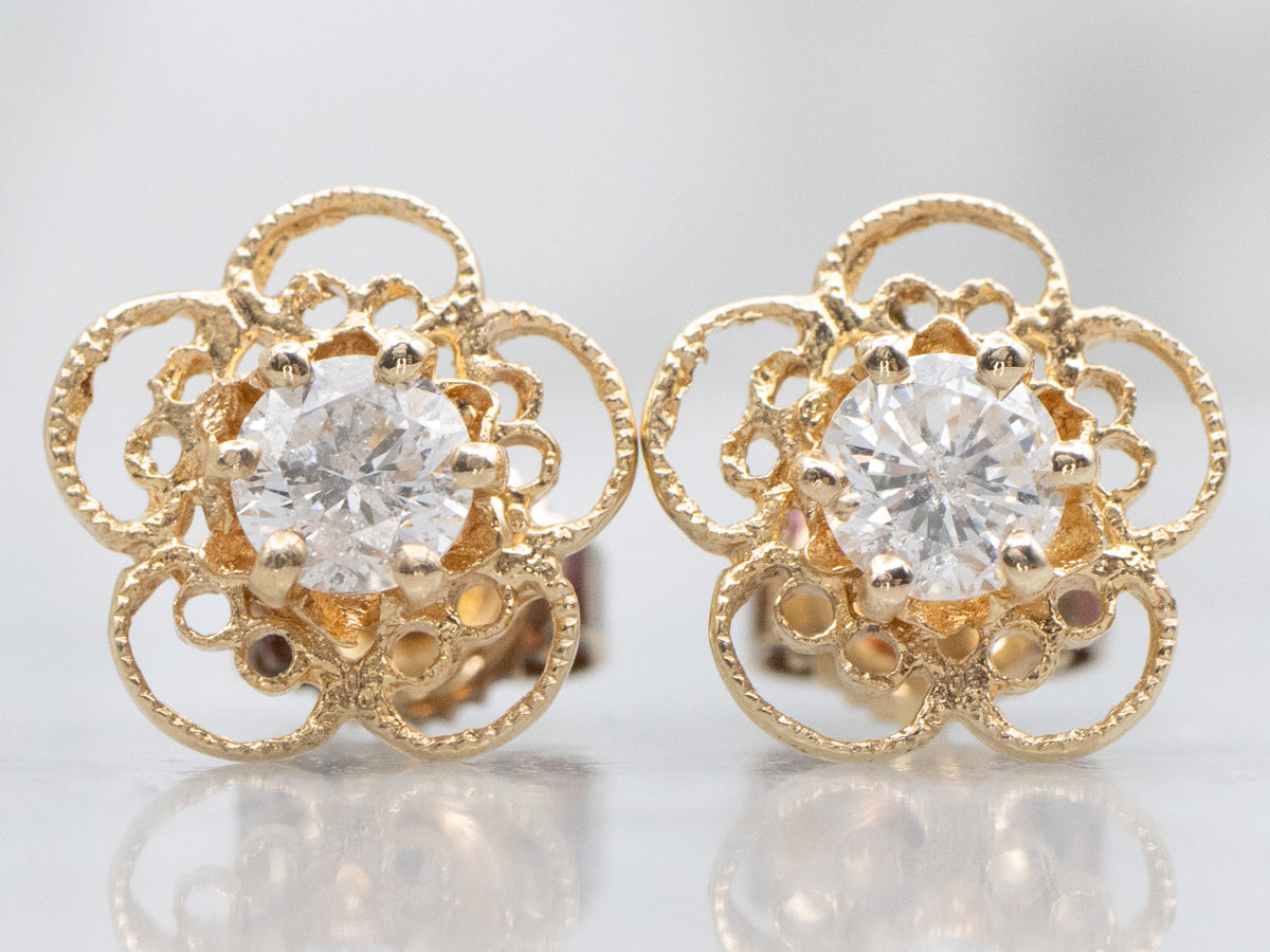 Diamond Floral Filigree Gold Stud Earrings