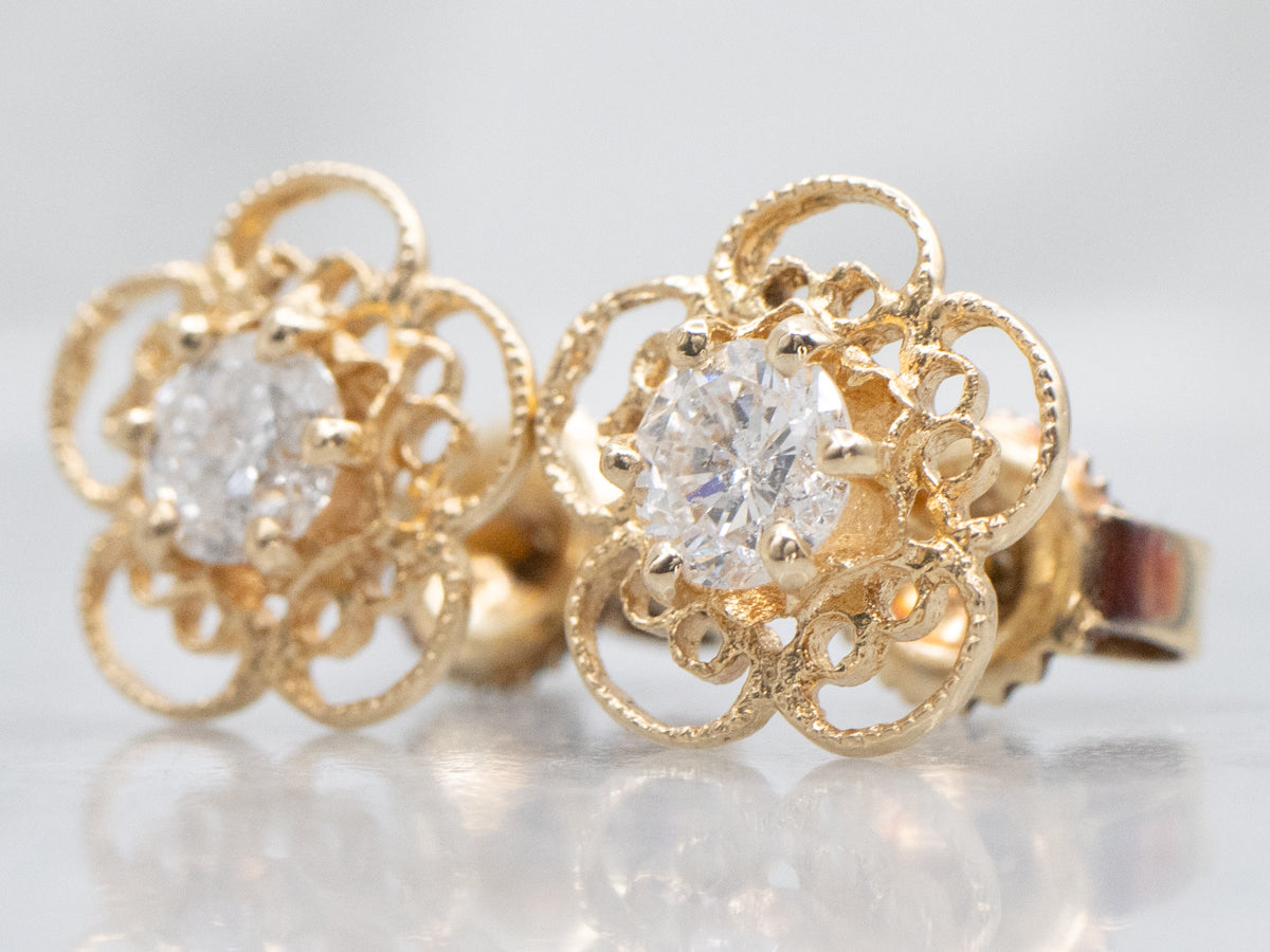 Diamond Floral Filigree Gold Stud Earrings