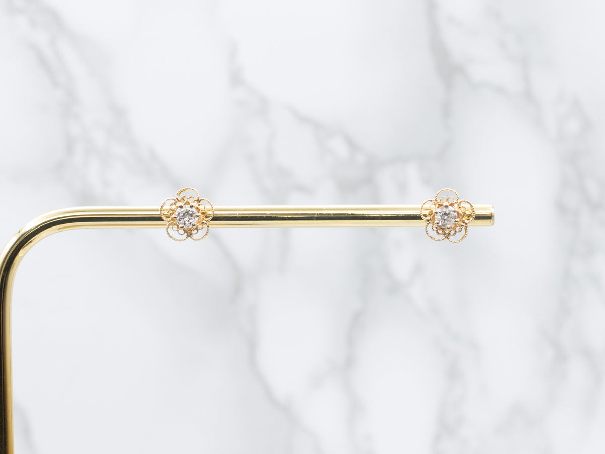 Diamond Floral Filigree Gold Stud Earrings