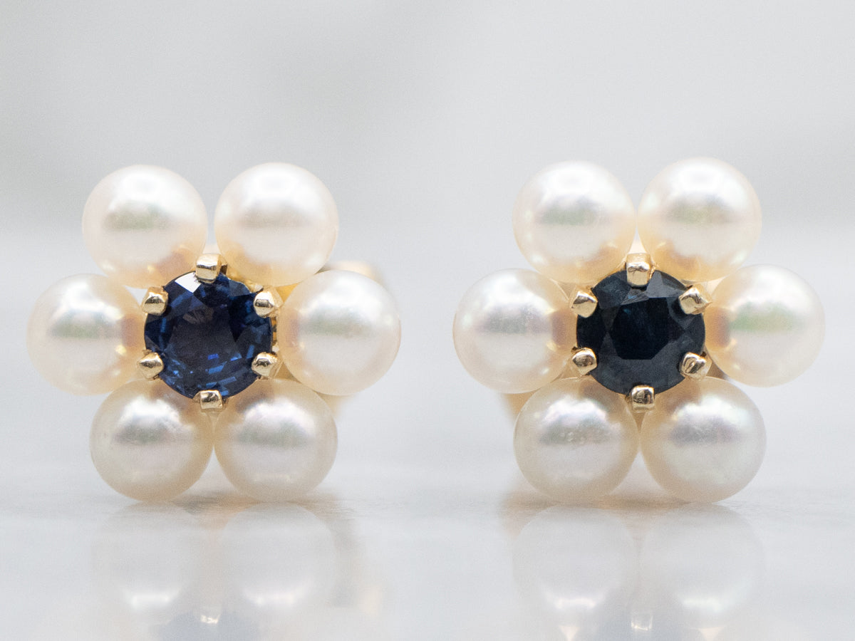 Sapphire and Saltwater Pearl Halo Gold Stud Earrings