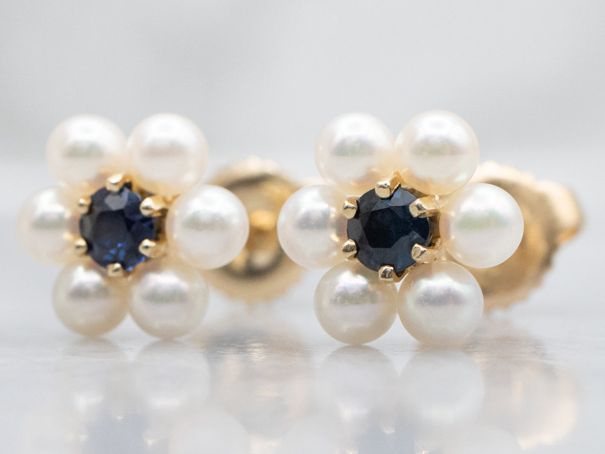 Sapphire and Saltwater Pearl Halo Gold Stud Earrings