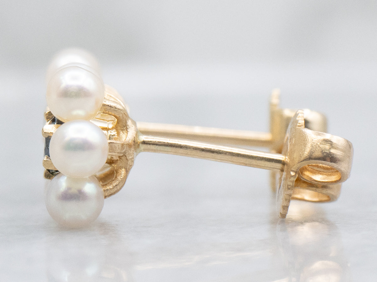 Sapphire and Saltwater Pearl Halo Gold Stud Earrings