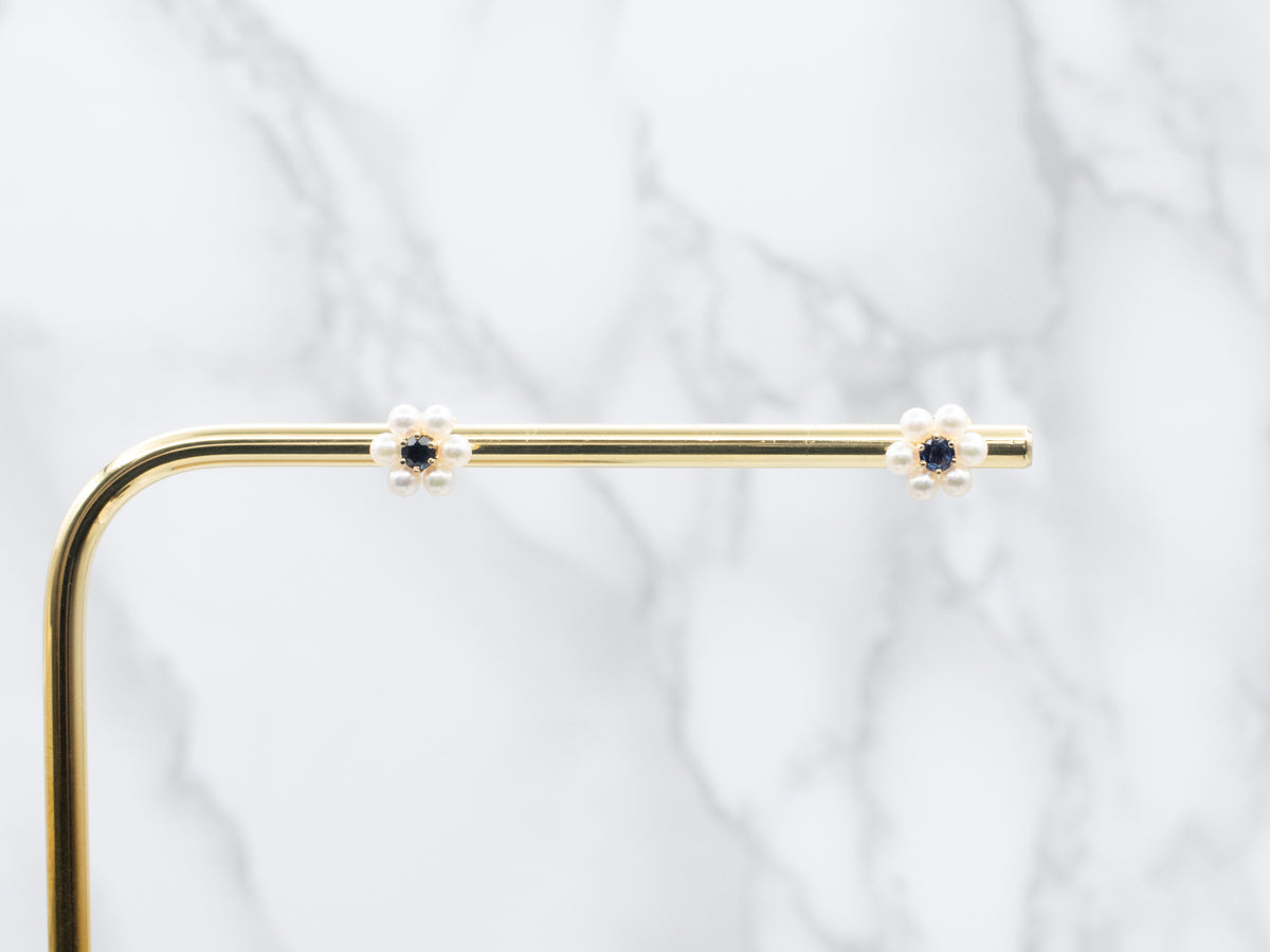 Sapphire and Saltwater Pearl Halo Gold Stud Earrings