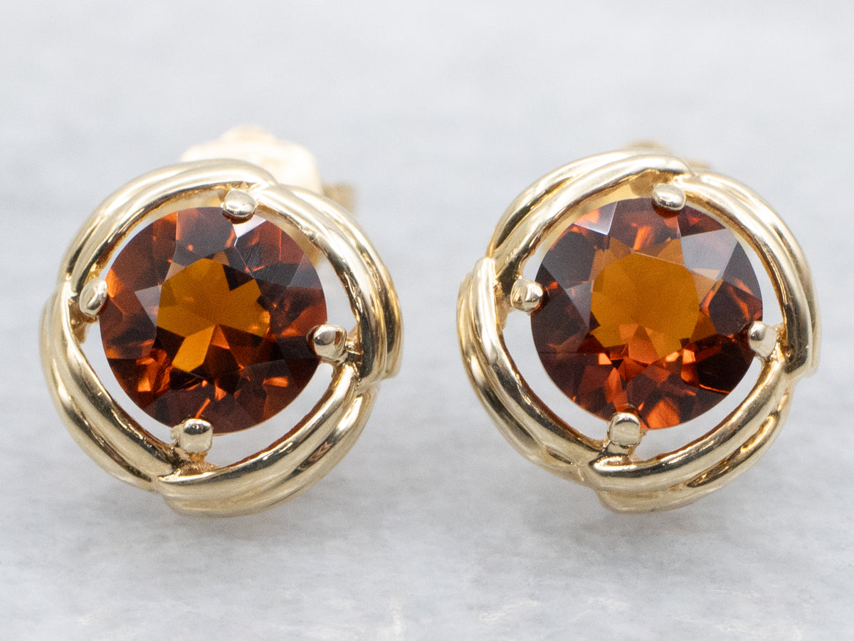 Grooved Gold Citrine Stud Earrings