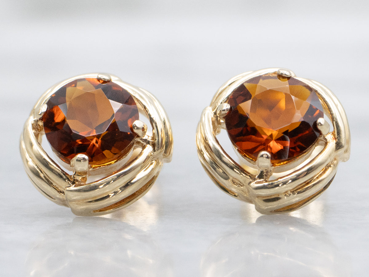 Grooved Gold Citrine Stud Earrings