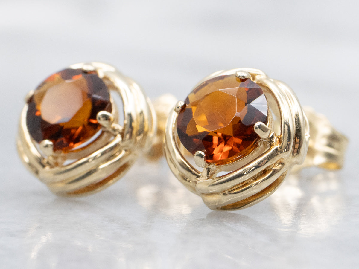 Grooved Gold Citrine Stud Earrings