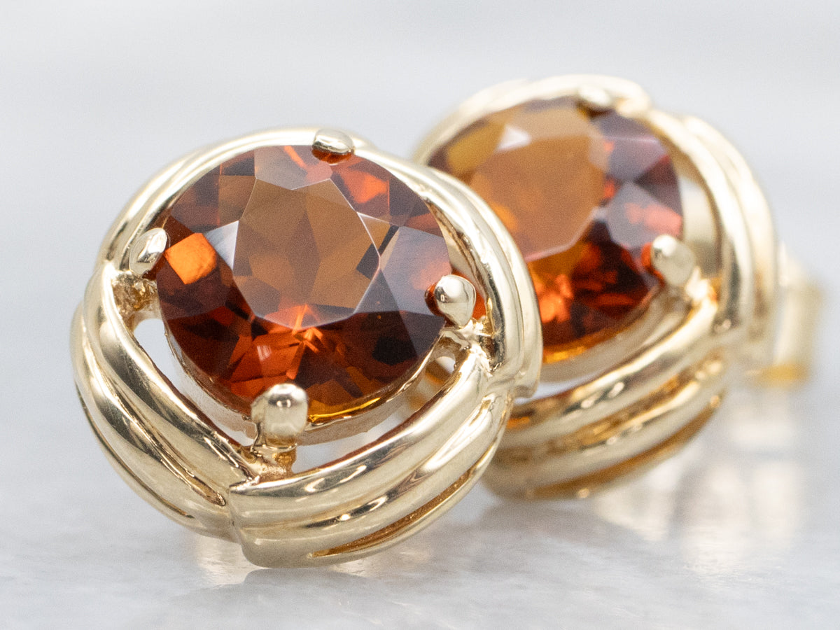 Grooved Gold Citrine Stud Earrings