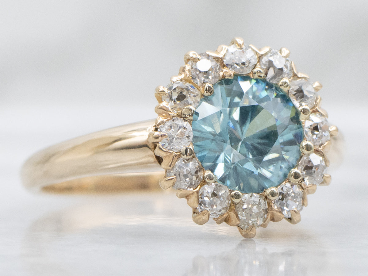 Blue Zircon and Diamond Halo Vintage Ring