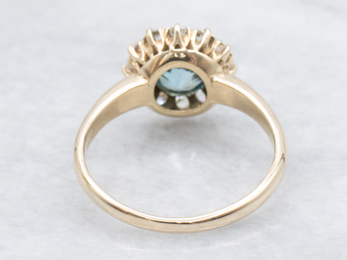 Blue Zircon and Diamond Halo Vintage Ring