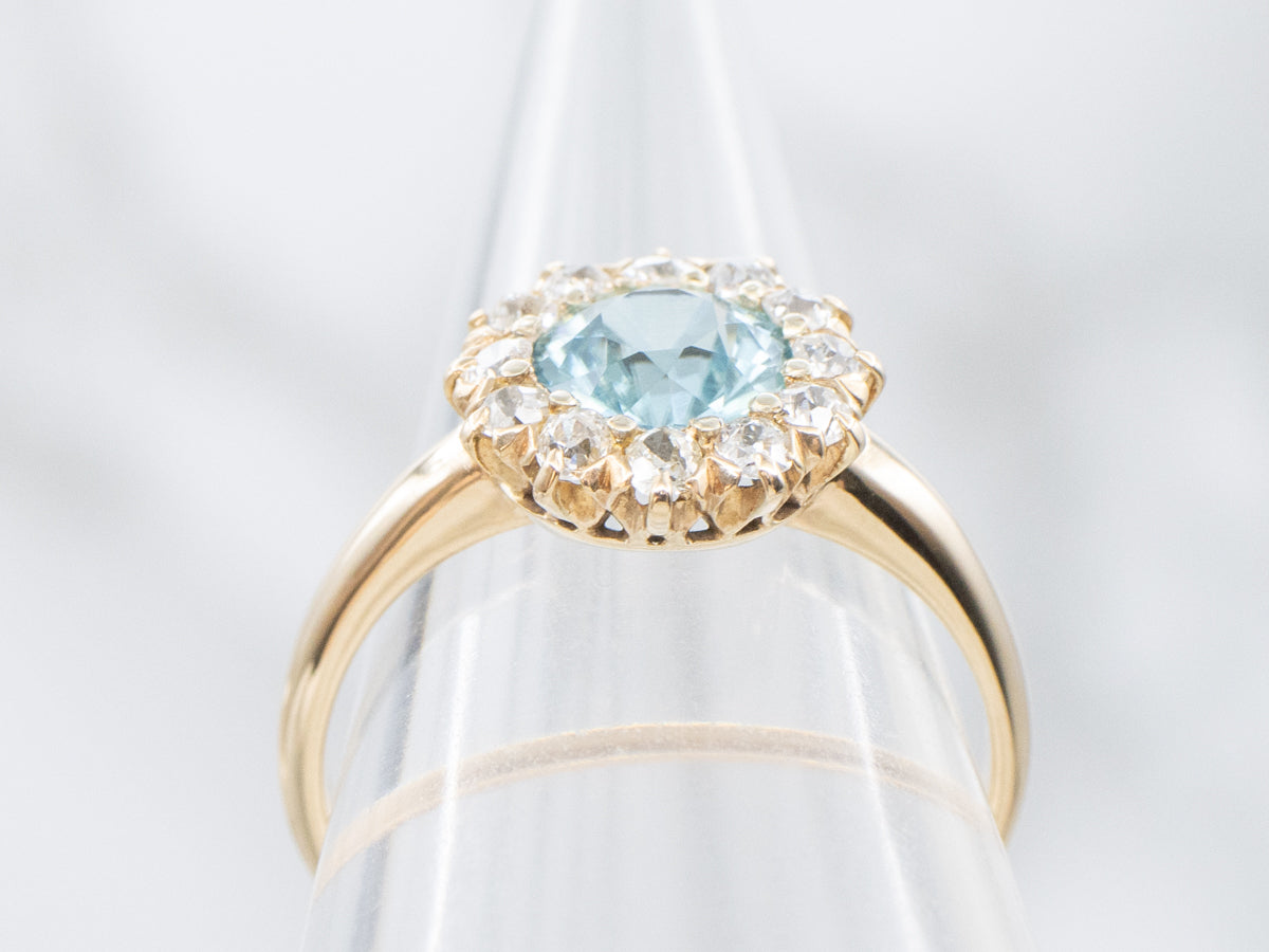 Blue Zircon and Diamond Halo Vintage Ring