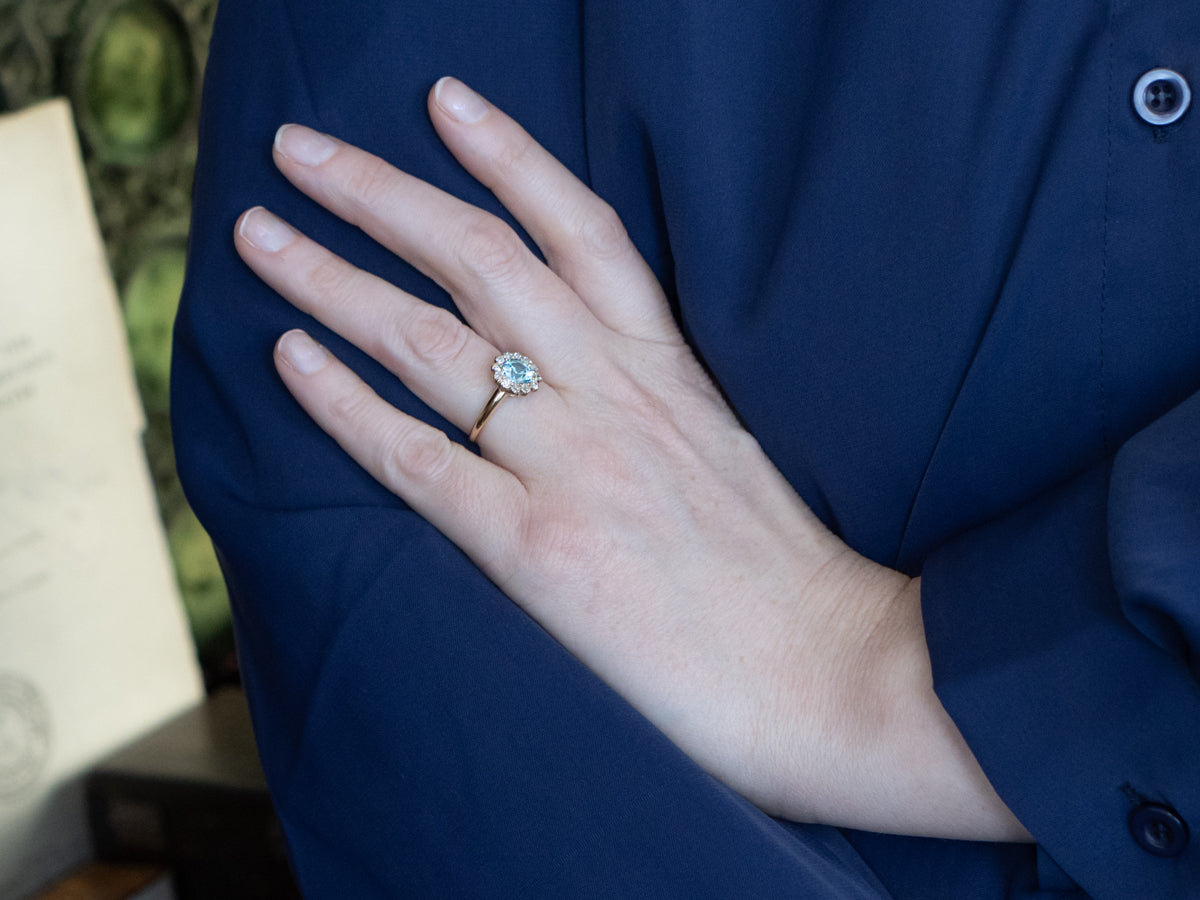 Blue Zircon and Diamond Halo Vintage Ring