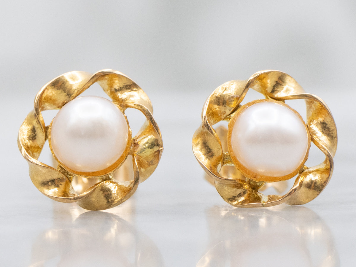Twisting Yellow Gold Button Pearl Stud Earrings