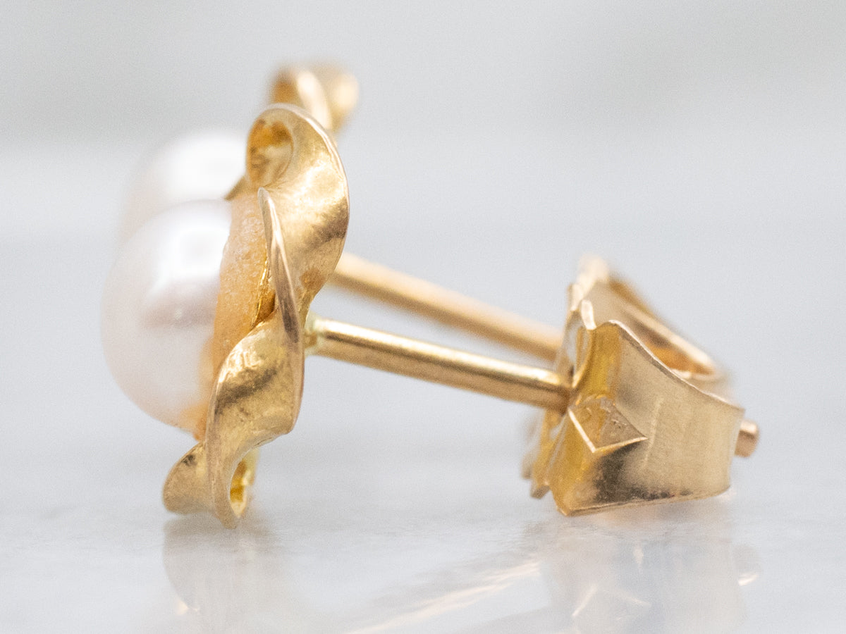 Twisting Yellow Gold Button Pearl Stud Earrings