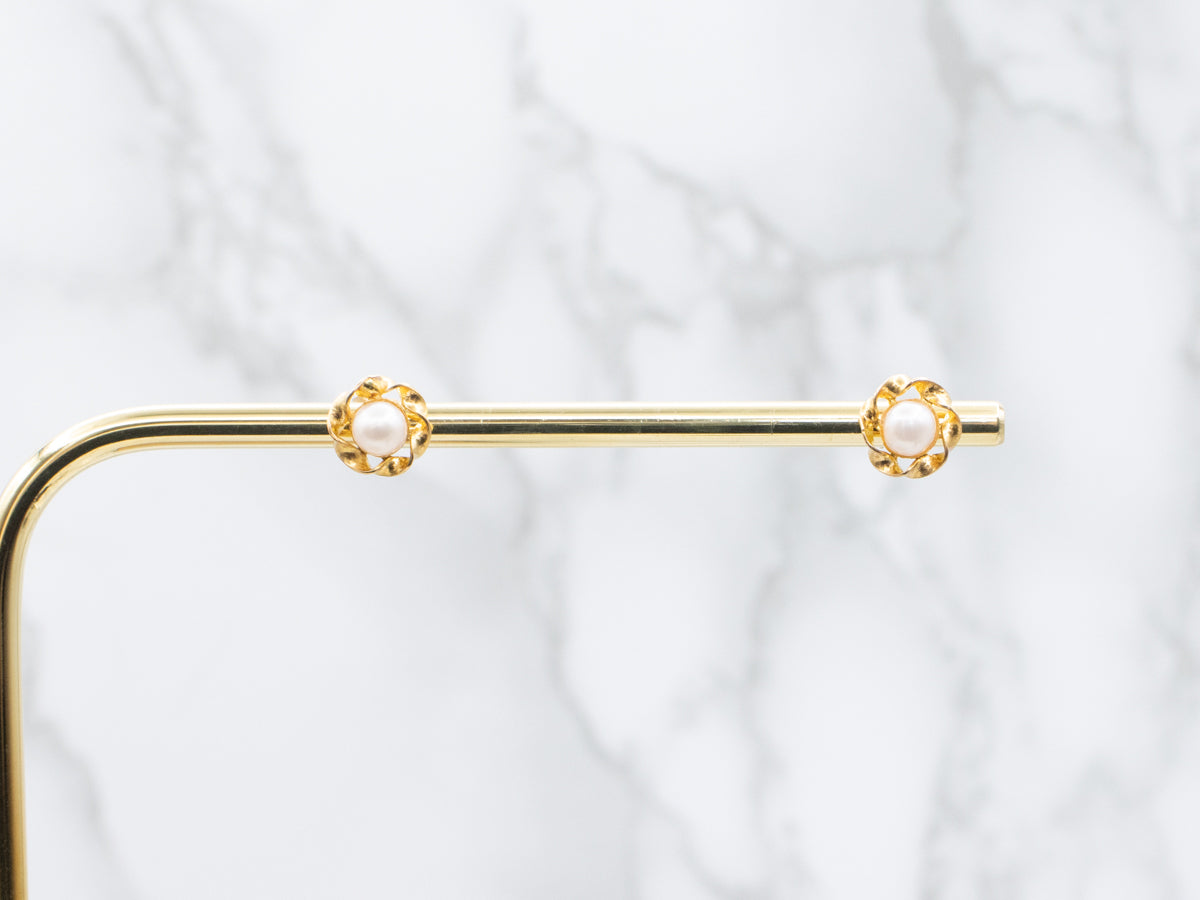 Twisting Yellow Gold Button Pearl Stud Earrings