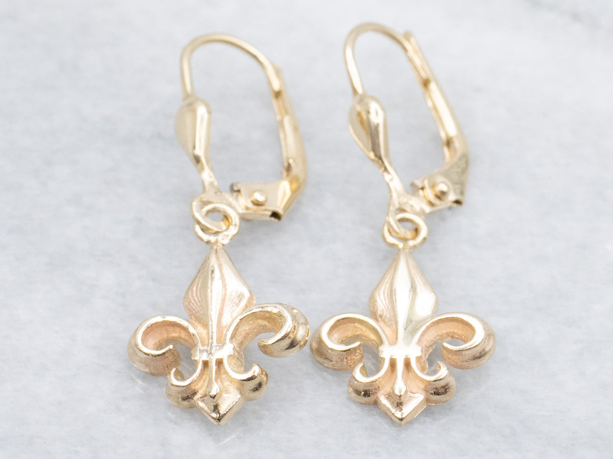 Yellow Gold Fleur de Lis Drop Earrings