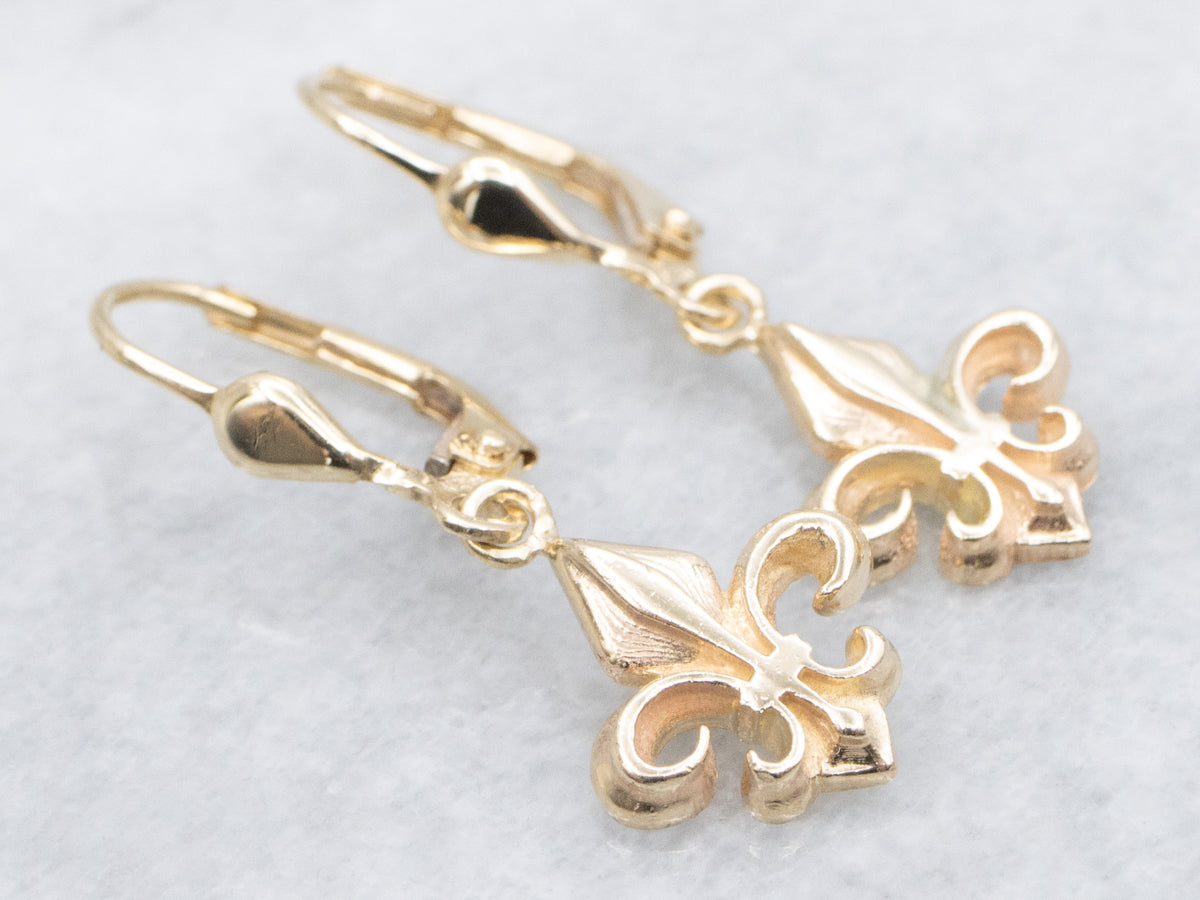 Yellow Gold Fleur de Lis Drop Earrings