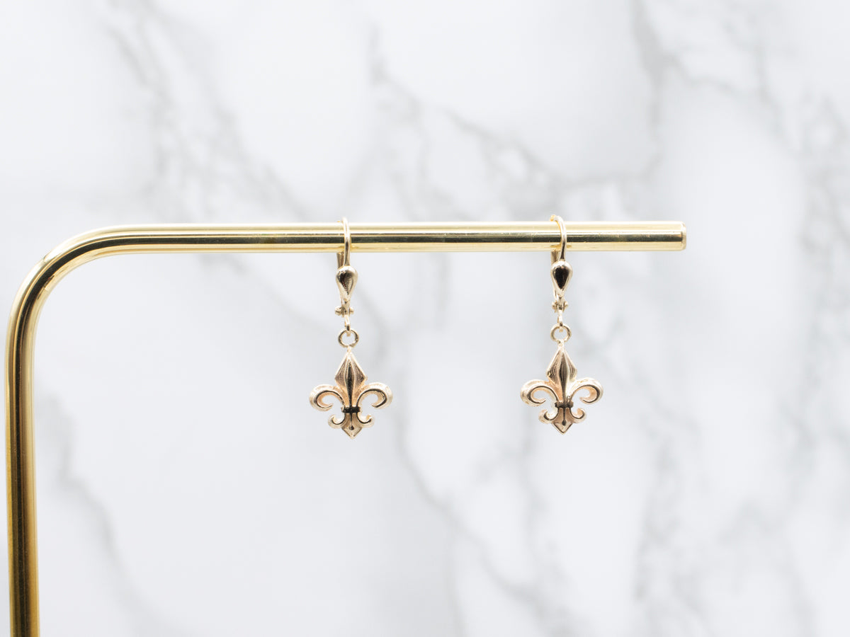 Yellow Gold Fleur de Lis Drop Earrings