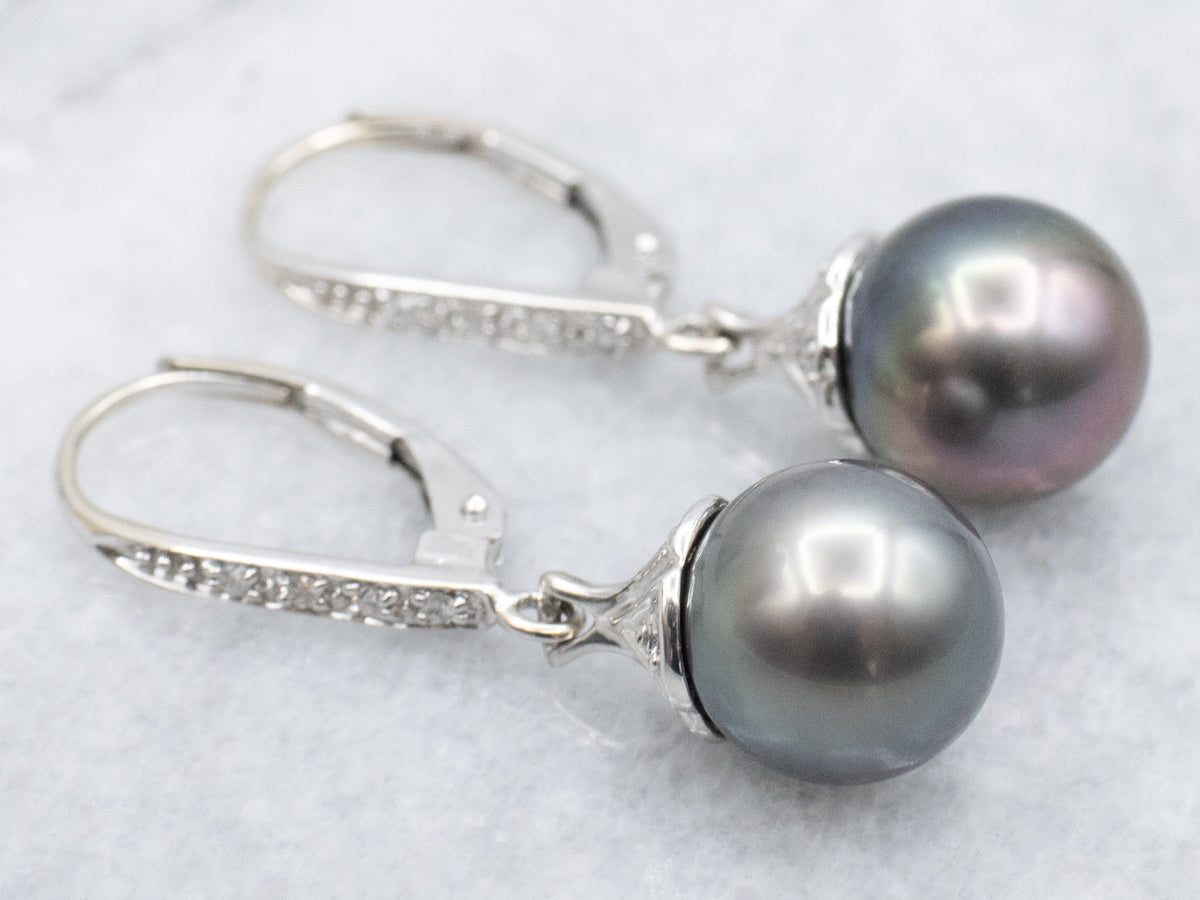 Grey Pearl and Diamond White Gold Drop Earrings