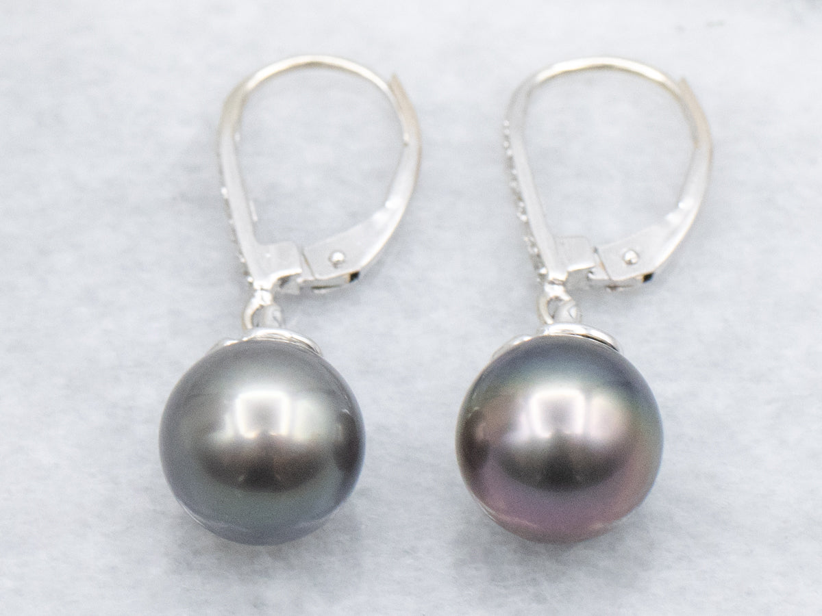 Grey Pearl and Diamond White Gold Drop Earrings