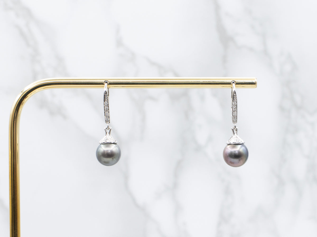 Grey Pearl and Diamond White Gold Drop Earrings