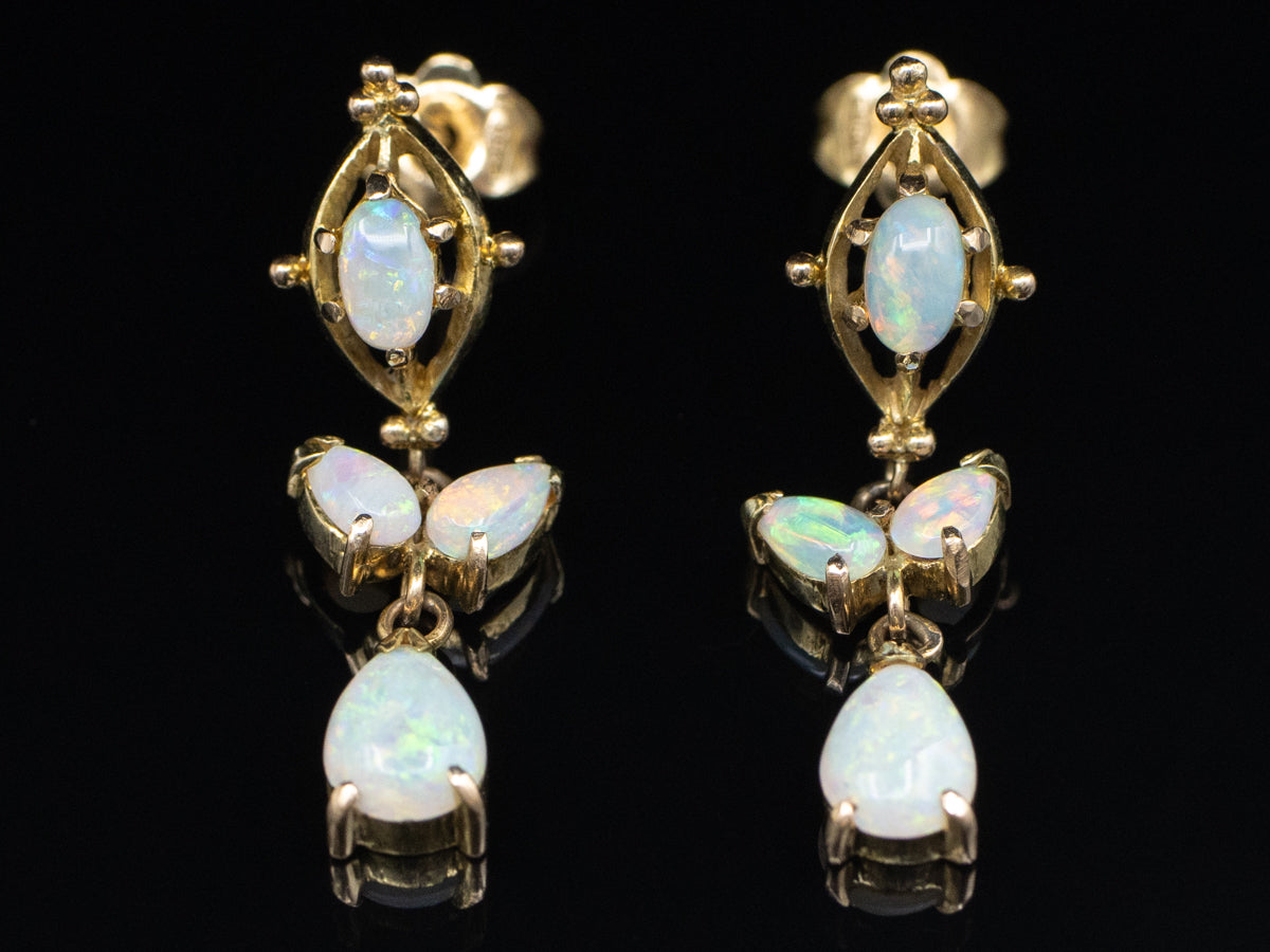 Vintage Gold and Opal Cabochon Drop Earrings
