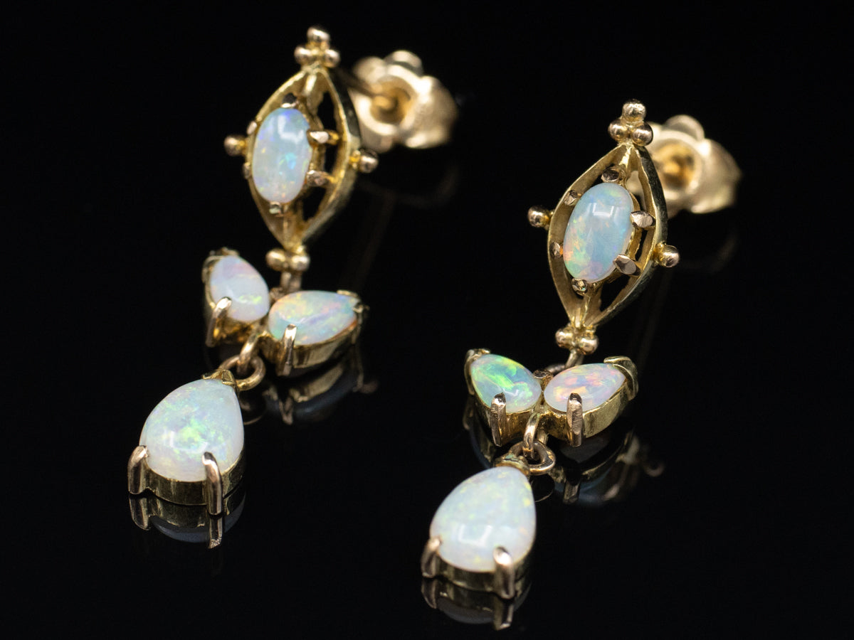 Vintage Gold and Opal Cabochon Drop Earrings