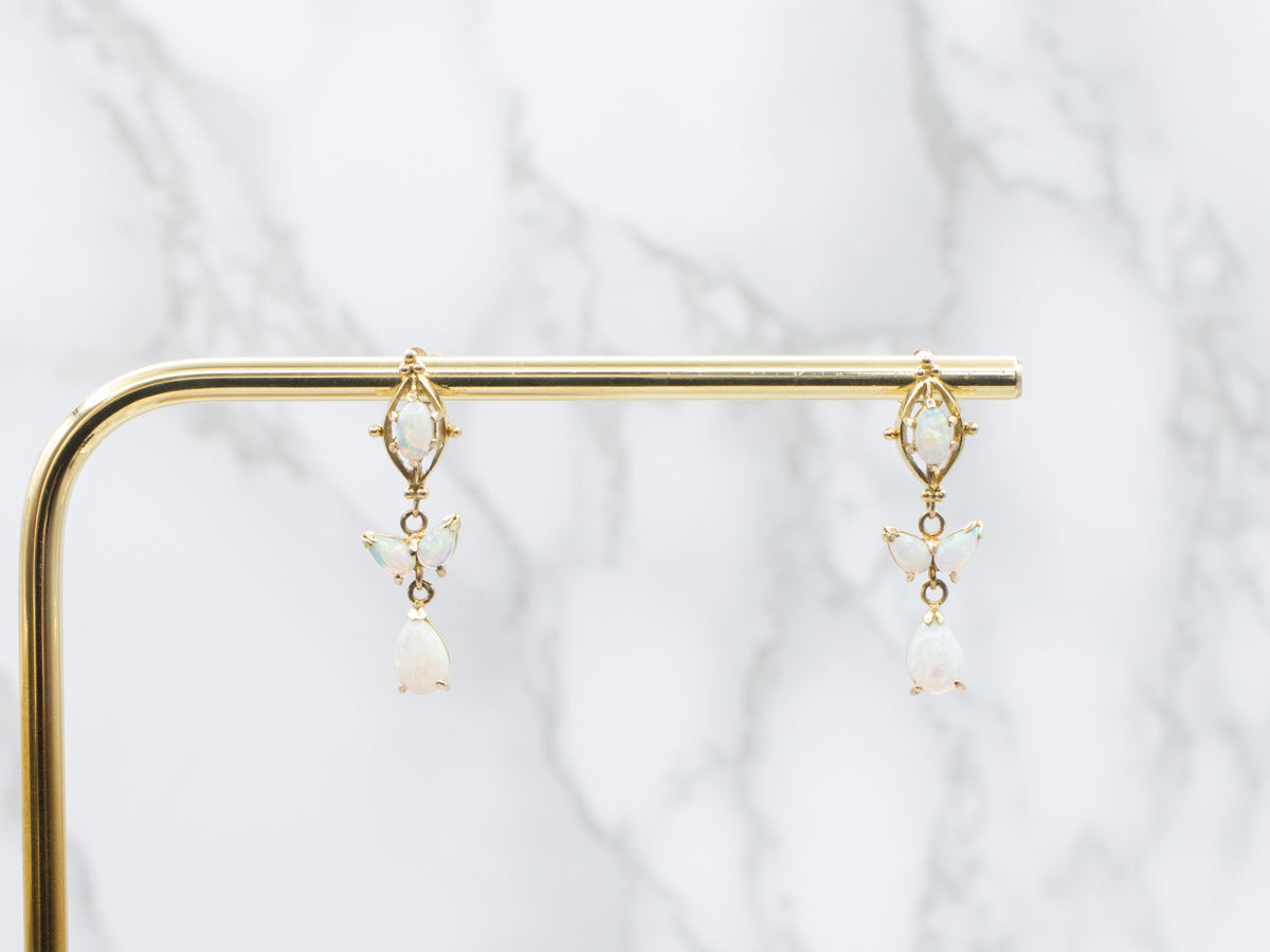 Vintage Gold and Opal Cabochon Drop Earrings