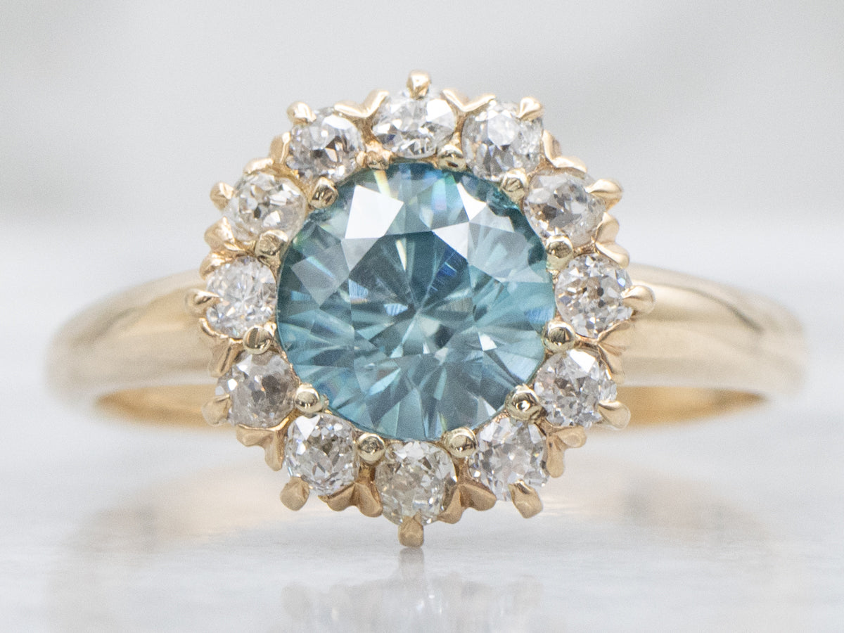 Blue Zircon and Diamond Halo Vintage Ring