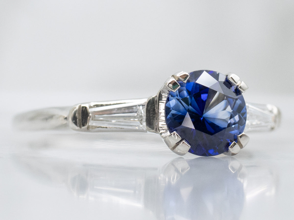 Classic Retro Blue Sapphire and Baguette Cut Diamond Engagement Ring