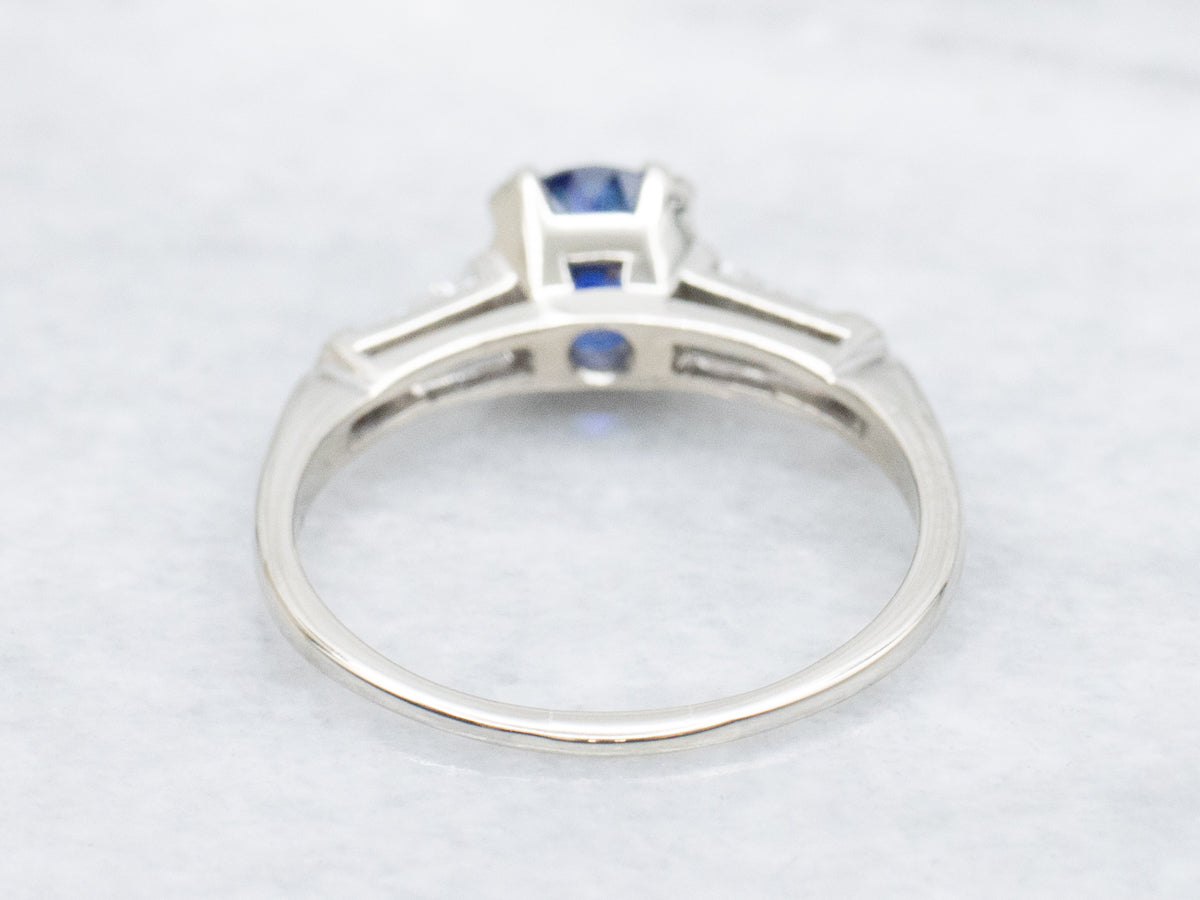 Classic Retro Blue Sapphire and Baguette Cut Diamond Engagement Ring