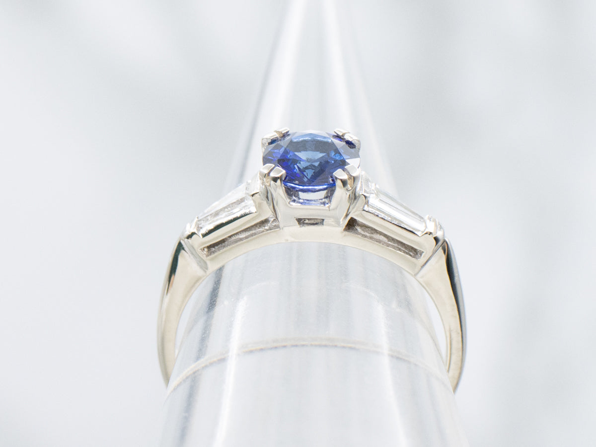 Classic Retro Blue Sapphire and Baguette Cut Diamond Engagement Ring