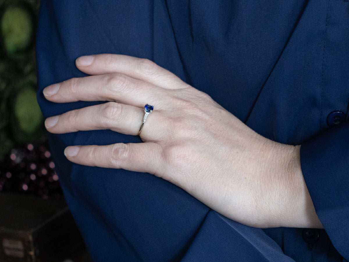 Classic Retro Blue Sapphire and Baguette Cut Diamond Engagement Ring