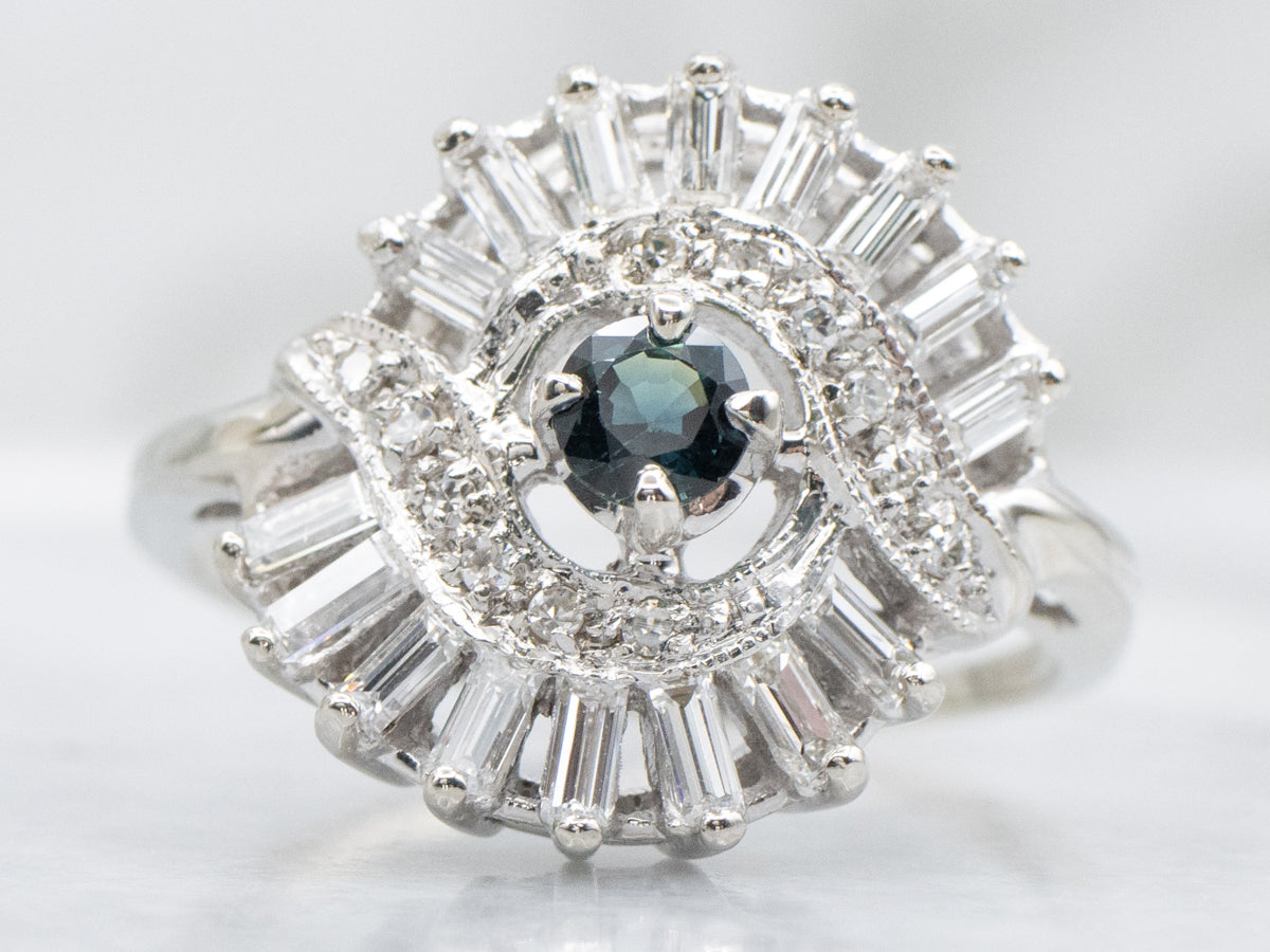 Vintage White Gold Sapphire Diamond Halo Cocktail Ring