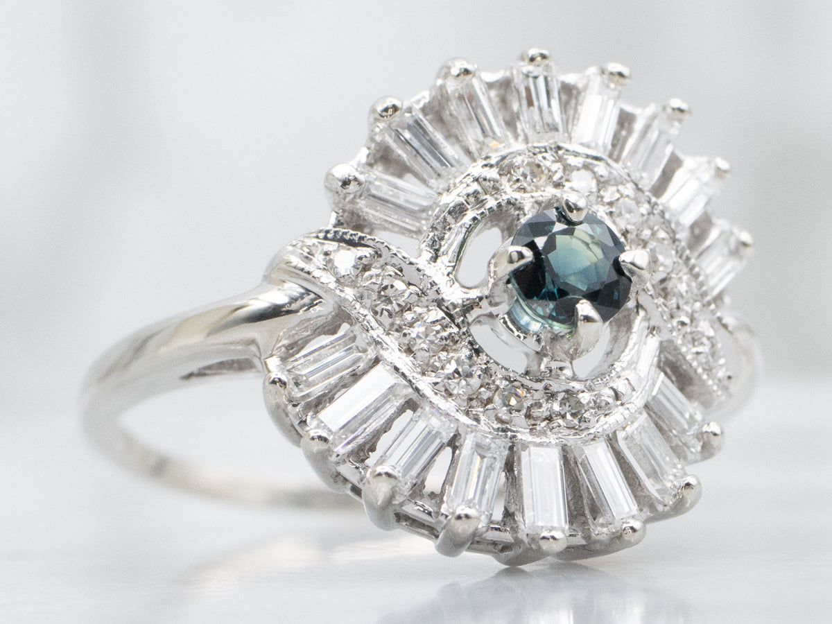 Vintage White Gold Sapphire Diamond Halo Cocktail Ring