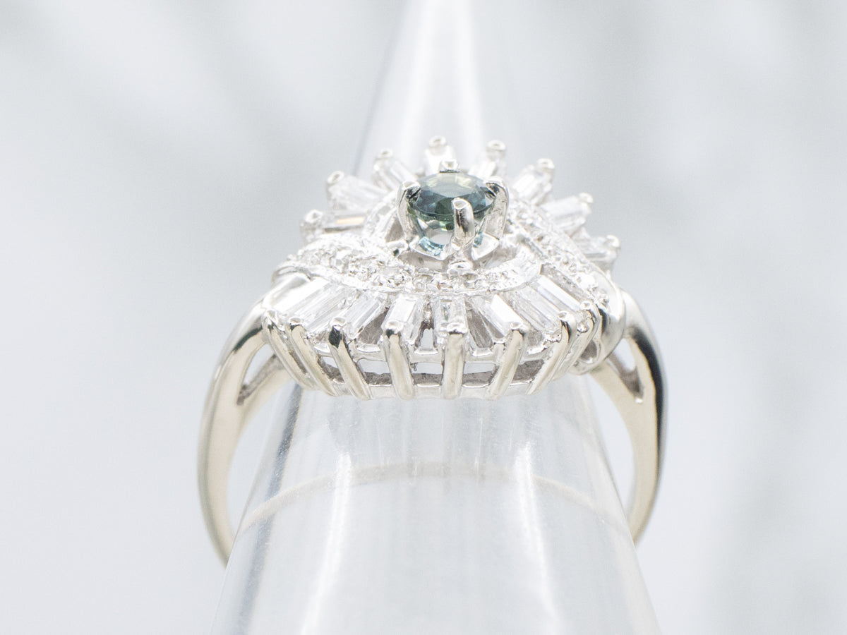 Vintage White Gold Sapphire Diamond Halo Cocktail Ring