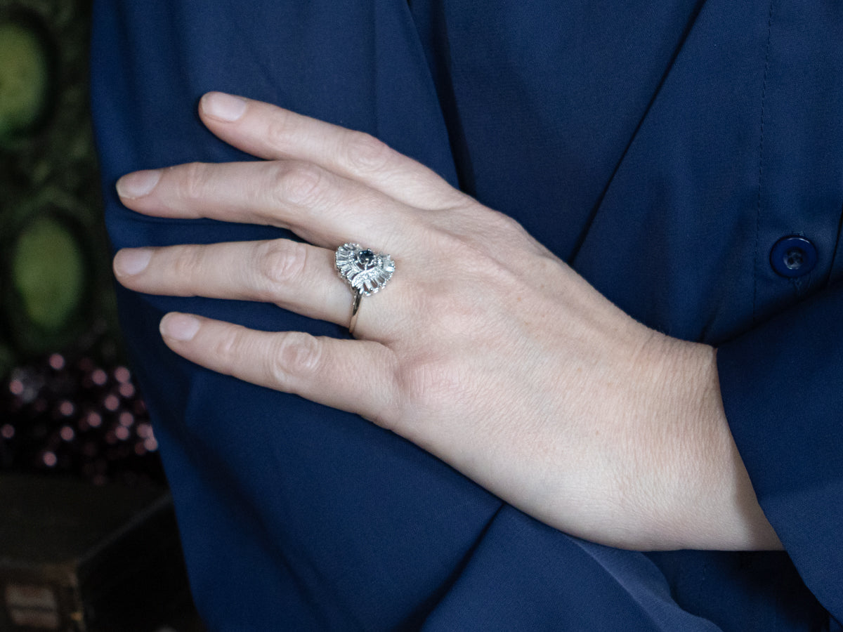 Vintage White Gold Sapphire Diamond Halo Cocktail Ring